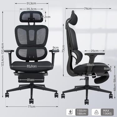 Ергономічне офісне крісло з підставкою для ніг, крісло для роботи з високою спинкою та подвійною спинкою, 2D-підголівник, відкидні підлокітники, губчасте сидіння, сітчасте крісло, крісло керівника, комп&39ютерне крісло для дорослих, чорне