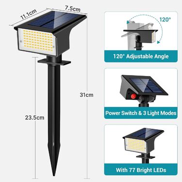 Світлодіодних сонячних прожекторів для саду, 3000K теплий білий сонячний прожектор, водонепроникний IP65, 3 режими, 800LM сонячне освітлення, сонячні лампи від сутінків до світанку для двору, дерев, доріжок, вуличних рослин, теплий білий, 4 шт., 4 шт./77