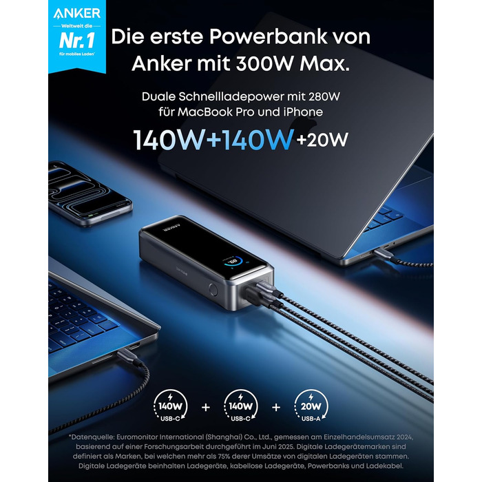 Портативний зарядний пристрій Anker Prime Power Bank, 26250 мАг, з 3 портами та вихідною потужністю 300 Вт, двонаправлена зарядка, схвалено TSA, керування за допомогою застосунку, для MacBook, iPhone серії 17/16 та інших (без зарядної бази) 26250 мАг 300 