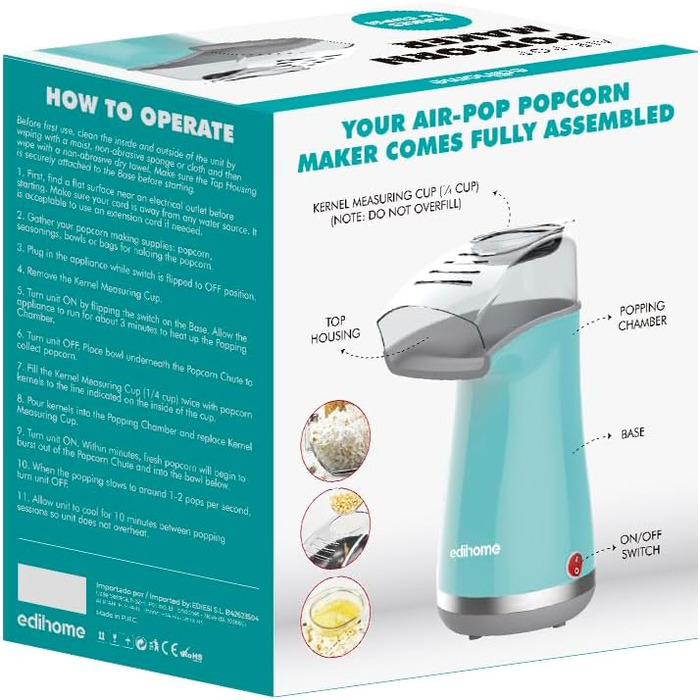 Машина для приготування попкорну, Машини для приготування попкорну, Електрична машина для приготування попкорну, 1200 Вт, включаючи дозуючу ложку, Попкорн готовий за 2 хвилини, Домашній кінотеатр, Серія (синій)