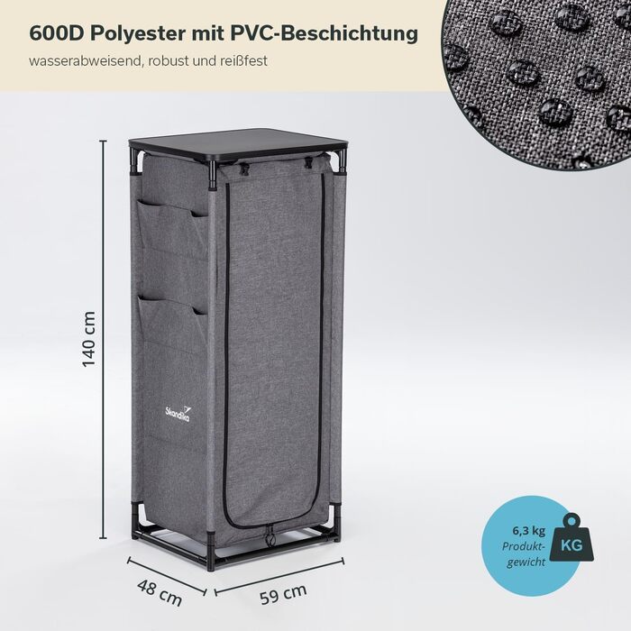 Кухня для кемпінгу Skandika Ruoka Висока шафа/кухонна шафа з мийкою та захистом від вітру та бризок, відділення для зберігання з полицями, сумка для перенесення, вулична кухня, кемпінгова шафа Вулична кемпінгова кухня, дорожня кухня 59 x 48 x 140 см