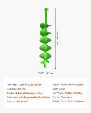 Бур для земляних робіт для дриля, Ø 15x80 см, сумісний з дрилями з внутрішнім діаметром 20 мм, бур для копання ям, садовий бур, насадки для буріння стовпчиків для саду, огорож та міні-екскаваторів
