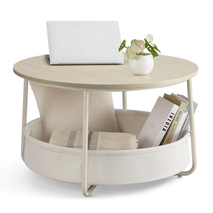 Круглий журнальний столик VASAGLE, столик із місцем для зберігання, приставний столик, столик для вітальні з тканинним кошиком, сучасний, металевий каркас, натуральний бежево-кремово-білий LCT244K01 Натуральний бежевий кремово-білий круглий