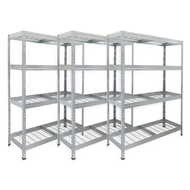 Посилений стелаж Rivet, комплект з 3 шт. , зі сталевими сітчастими полицями, 180 x 120 x 45 см (В x Ш x Г), вантажопідйомність 250 кг на полицю, оцинкований. Безболтовий стелаж, металевий стелаж, стелаж для підвалу, стелаж для зберігання, стелаж для майст