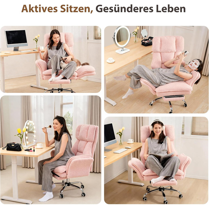 Ергономічне офісне крісло, крісло керівника, ігрове крісло з підставкою для ніг та регульованою на 135 спинкою, обертове крісло зі складними підлокітниками, крісло з високою спинкою з флісової тканини рожевий