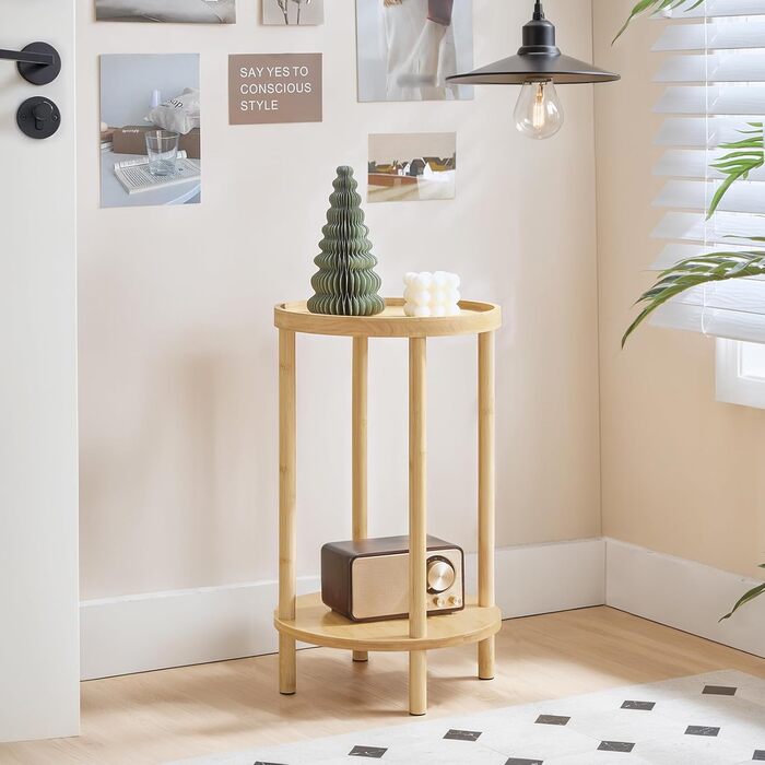 Круглий бамбуковий бічний столик HOOBRO, тумбочка з піднятим краєм, сучасний диван-столик, для невеликих приміщень, вітальні, спальні, коридору, вхідної зони, натуральний EYL156BZ01 натуральні кольори