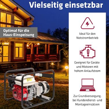 Бензиновий генератор ELMAG SEB 3300W Генератор з 4-тактним двигуном з повітряним охолодженням, потужністю 3,8 кВт та баком 3,1 л 2 x 230 В Schuko 16 A Аварійний генератор із синхронним генератором, захистом від перевантаження та ручним запуском