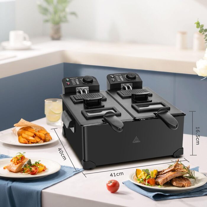 Велика подвійна фритюрниця Aigostar з 2 кошиками, 6-літрова фритюрниця з функцією холодної зони, 3600 Вт, оглядове вікно, регульований рівень нагріву до 190C, міцна та проста в догляді, чорна