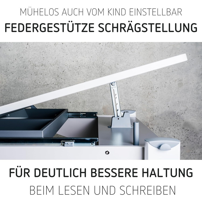 Дитячий письмовий стіл Moll Sprinter, регульований по висоті росте разом з вашою дитиною, ергономічний та нахиляється для вертикального сидіння ідеально підходить для школярів білий письмовий стіл, додаткова шухляда Зроблено в Німеччині Бічна стільниця та