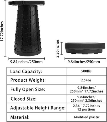Портативний складаний стілець, телескопічний стілець, складний кемпінговий стілець для кемпінгу на свіжому повітрі, риболовлі, барбекю, використання в приміщенні, кухні, вантажопідйомність 220 кг, чорний