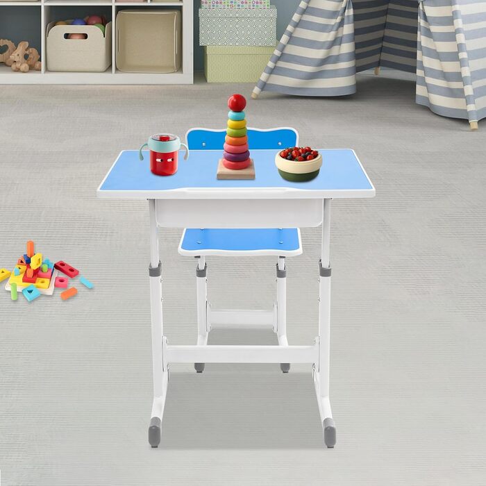 Дитячий письмовий набір, дитячий стіл з регульованою висотою (стіл 64-76 см, стілець 36-42 см), стіл з гачками, шухлядою та лотком для ручок для дітей віком 3-18 років, навчання письму та малюванню (синій, білий)