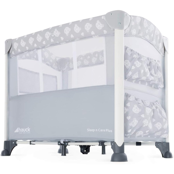 Ліжечко-колиска Hauck Baby Sleep N Care Plus Travel Bed Crib, від народження до 9 кг, з відкидною бічною панеллю, відділенням для зберігання та 2 кишенями, компактно складається, включаючи сумку для перенесення складну основу (Teddy Grey) Sleep N Care Plu