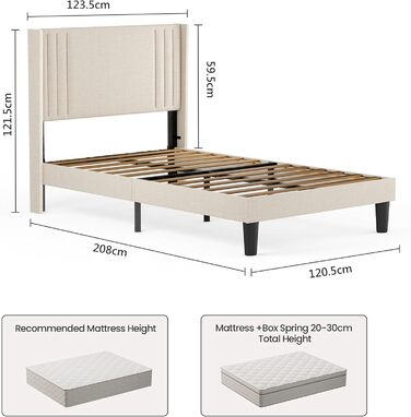 Ліжко Bealife з м&39якою оббивкою 120 x 200 см з рейковою основою міцний каркас ліжка з дерева та металу, м&39яке двоспальне ліжко з узголів&39ям для спальні та дитячої кімнати (бежевий, 120 * 200 см)