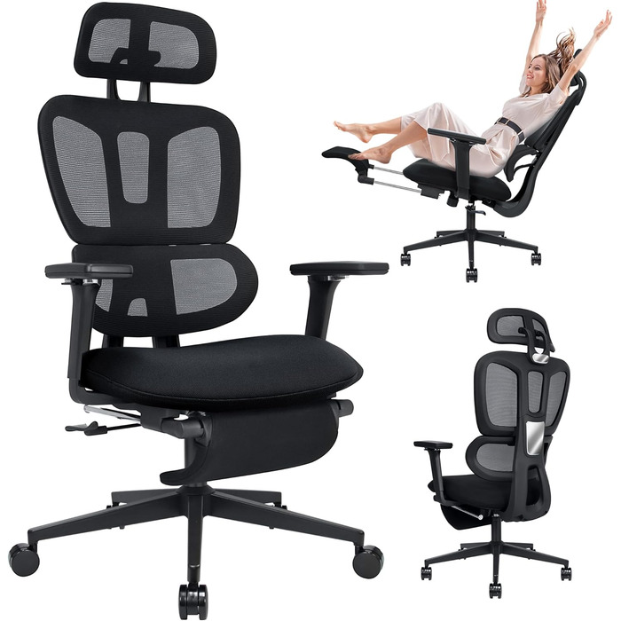 Ергономічне офісне крісло з підставкою для ніг, крісло для роботи з високою спинкою та подвійною спинкою, 2D-підголівник, відкидні підлокітники, губчасте сидіння, сітчасте крісло, крісло керівника, комп&39ютерне крісло для дорослих, чорне