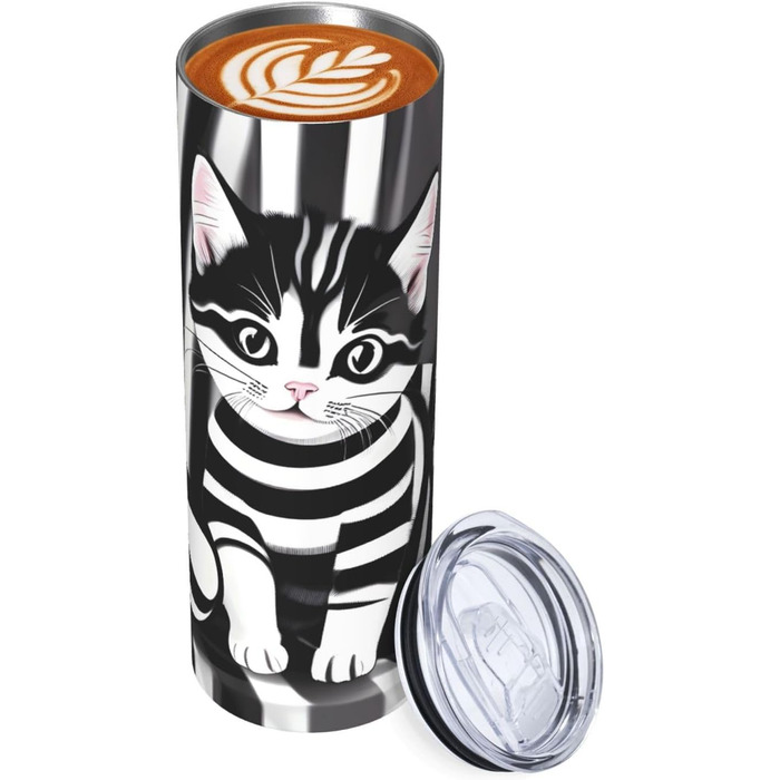 Кухоль з прямою трубочкою, 590 мл, чорно-білий смугастий принт кошенят, дорожній кухоль, підходить для кемпінгу, офісу та дому