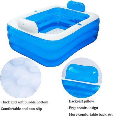 Надувний басейн, складна надувна ванна для дорослих, гідромасажна ванна для вулиці, дитячий басейн для балкону та саду, прямокутний басейн з великою спинкою, сидінням та тримачем для напоїв