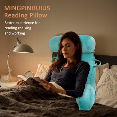 Подушка для читання MINGPINHUIUS XL для ліжка та дивана зі знімним валиком для шиї, ідеальна подушка для спини дорослих з піною з ефектом пам&39яті для комфортного читання, роботи, гри, перегляду телевізора, відпочинку (синя)