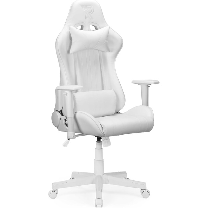 Ергономічне ігрове крісло Felix Original з регульованою спинкою, 2D підлокітниками, подушками для попереку та шиї, високою спинкою, штучною шкірою, міцною сталевою рамою, для високих людей, біло-сірим