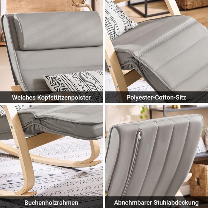 Крісло-гойдалка SoBuy з подушкою, крісло-гойдалка з підголівником та регульованою підставкою для ніг, відкидне крісло - сіре FST16-DG темно-сіре