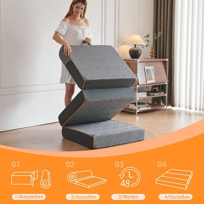 Зонний розкладний матрац 195x75x15 см, складний матрац для гостей та кемпінгу, піна з ефектом пам&39яті середньої жорсткості для оптимального комфорту сну, портативний з ручкою, сертифікований Oeko-Tex (сірий) 75x195x15 см, 7-