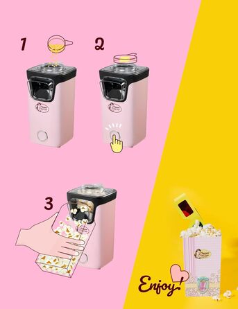 Виробник попкорну Bestron, турбо-попкорн менш ніж за 2 хвилини, машина для приготування попкорну з технологією гарячого повітря, включаючи 10 пакетиків для попкорну та вбудовану мірну чашку, колекція Sweet Dreams, колір рожевий