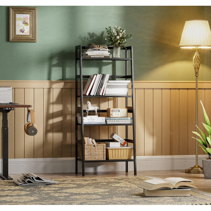 Чорна полиця-драбина HITNET, бамбукова книжкова полиця з 4 ярусами, окремостояча підставка для рослин, що економить місце, для спальні, ванної кімнати, балкона