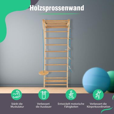 Дерев&39яна стіна для скелелазіння GYMAX, стіна для скелелазіння в приміщенні для дорослих та дітей, гімнастична стіна з турніком, мотузковими сходами та трапецією, стіна для фітнесу, вантажопідйомність до 100 кг, шведські сходи для домашнього використанн