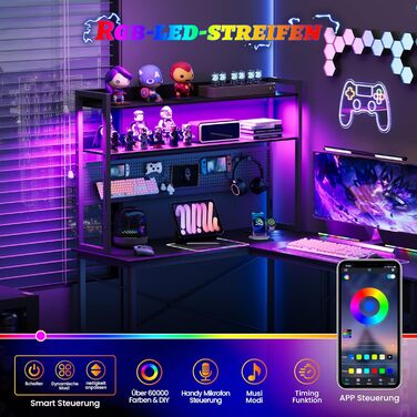 Письмовий стіл з перфорованою дошкою 135 x 90 см Кутовий стіл з полицею Великий ігровий стіл з розетками та портом USB для зарядки Ігровий стіл L-подібної форми з місцем для зберігання Чорний 135 x 90 x 152 см Чорний