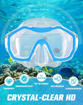 Набір для дорослих з маскою для снорклінгу, комплект з 2 предметів, комплект для снорклінгу з панорамною маскою для снорклінгу та сухим снорклінгом, водонепроникна маска для дайвінгу з загартованого скла для дайвінгу, снорклінгу, плавання, прозорий синьо-