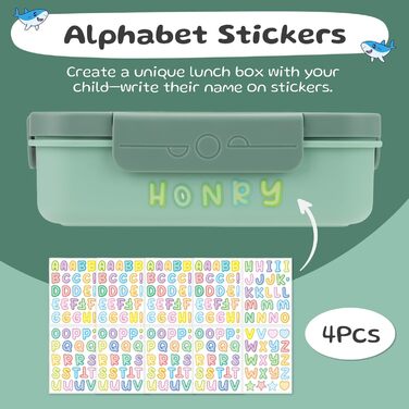 Ланчбокс дитячий Bugucat з роздільниками 1300 мл 16 наклейок, герметичний, з набором столових приборів, для дітей та дорослих, темно-зелений