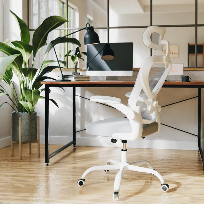Офісне крісло, сітчасте офісне крісло, комп&39ютерне крісло з відкидними підлокітниками, письмове крісло з регульованою поперековою опорою, ергономічне крісло для офісу та дому (біле)