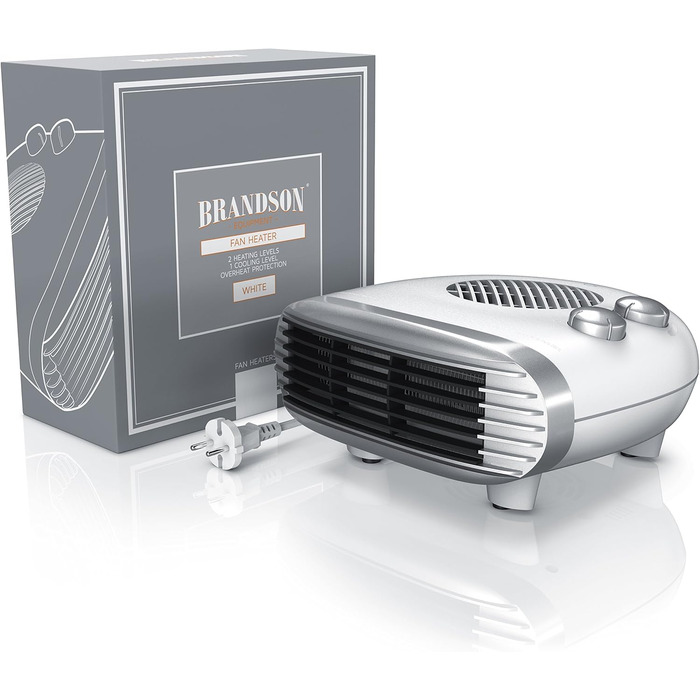 Енергозберігаючий тихий вентилятор-обігрівач Brandson, 3 рівні потужності, вентилятор-обігрівач для ванної кімнати з термостатом, індикатор роботи, 2000 Вт, низький рівень шуму, енергоефективний, захист від перегріву, автоматичне вимкнення A Білий