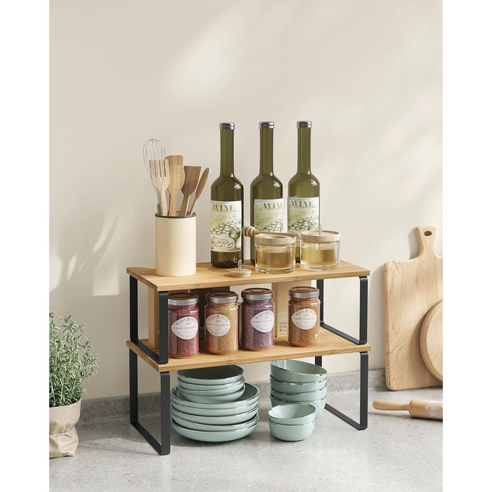 Стійка для спецій, Набір з 2 кухонних органайзерів, Кухонна полиця, Організатор для шафи, Розширювана, Мала полиця, Штабелюється, Металевий та Дерев&39яний Композит, Чорнило Чорний-Натуральний Бежевий KCS200B01 39,7 см Чорнило Чорний Натуральний Бежевий