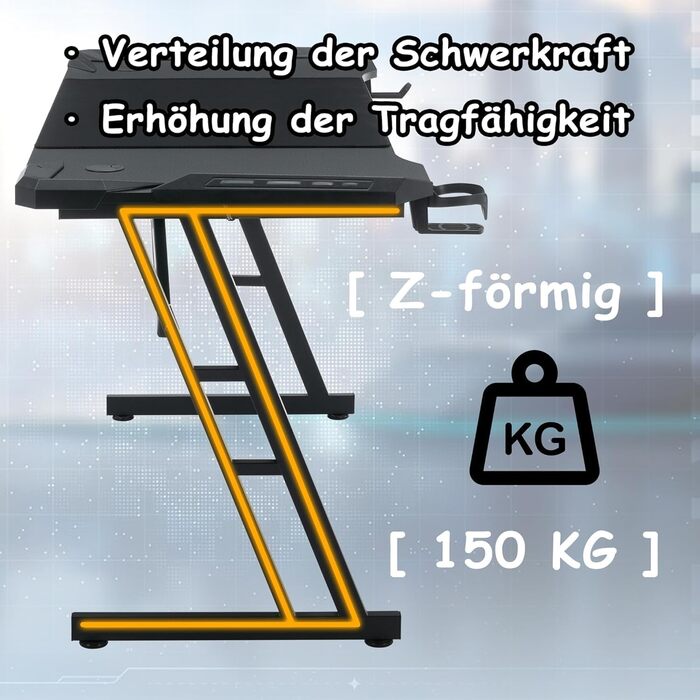 Ігровий стіл 120 x 60 см, Z-подібна рама для ігрового столу з RGB-підсвіткою, комп&39ютерний стіл з вуглецевим волокном, ергономічний ПК-стіл з гачком для навушників та підставкою для склянок, чорний 120 x 60 см, чорний з RGB-підсвіткою