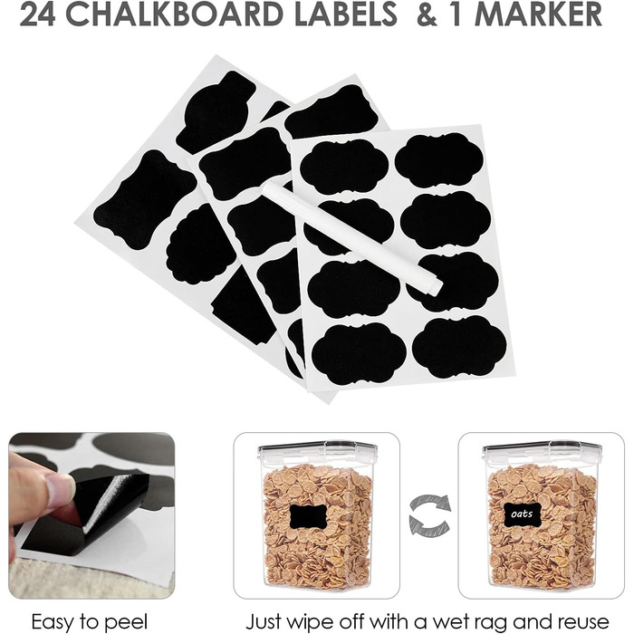 Герметичні контейнери для зберігання Vtopmart з кришками, набір з 24 шт. , без BPA, кухонні коробки для зберігання борошна, цукру, круп, з ручкою та етикеткою, 24 шт. и