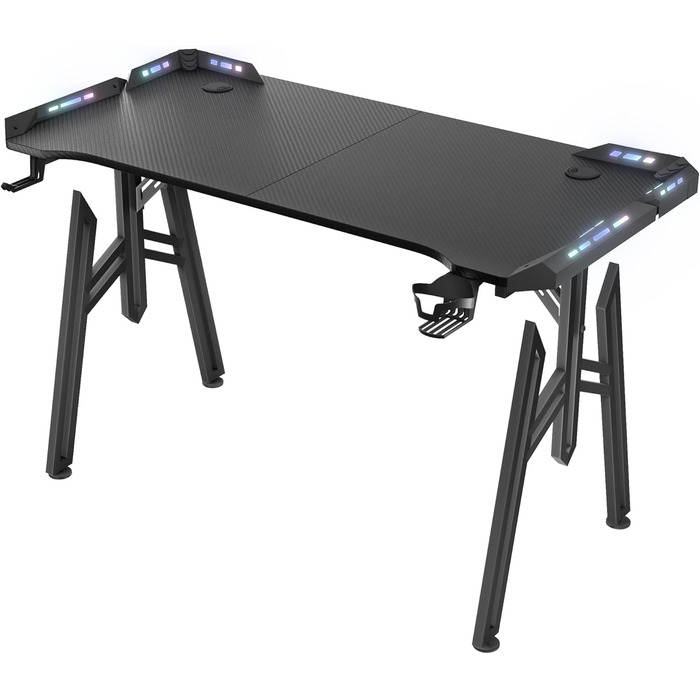 Ігровий комп&39ютерний стіл зі світлодіодним підсвічуванням 160x60 см, чорний, ПК-стіл з підставкою для чашок та гачком для навушників, ергономічний ігровий стіл M-подібної форми, ігровий стіл з вуглецевим волокном для спальні/кабінету, 160x60x73 см