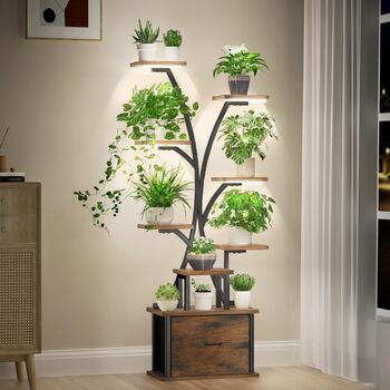 Підставка для рослин з підсвічуванням - 9 ярусів, металева та дерев&39яна підставка для квітів з шухлядою, кімнатна підставка для квітів висотою 165 см, полиця для рослин з підсвічуванням для використання в приміщенні, саду та на балконі