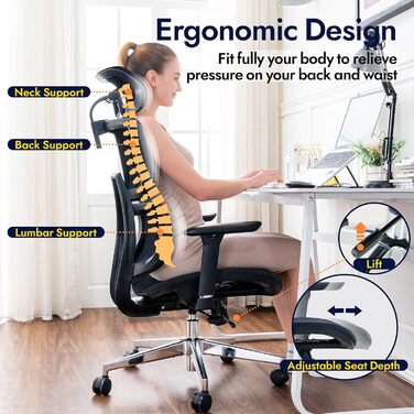 Ергономічне офісне крісло, висока спинка з сітчастого покриття та поперековою опорою, ігрове крісло з регульованими 3D-підлокітниками та підголівником, велике та високе поворотне комп&39ютерне крісло, вантажопідйомність 150 кг, чорна смужка