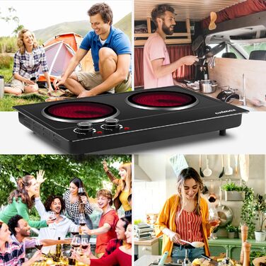 Інфрачервоні конфорки CUSIMAX 2 шт. електричні, склокерамічна варильна поверхня 2 варильні поверхні з термостатом для захисту від перегріву, подвійна конфорка ідеальна для приготування їжі, кемпінгова конфорка нержавіюча сталь чорна склокераміка 50.0 * 33