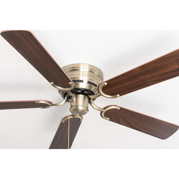 Стельовий вентилятор Kisa без підсвічування Вентилятор із тяговим перемикачем із старовинної латуні з реверсивними лопатями з рожевого та горіхового дерева, діаметр 105 см. (Колір латунь, палісандр/горіх)