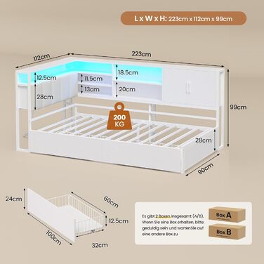 М&39яке ліжко/диван-ліжко 90x200 зі світлодіодним освітленням, зарядною станцією, кушеткою, дитячим ліжком з 2 шухлядами та металевим рейковим каркасом, узголів&39ям з місцем для зберігання, відкритими полицями, шафою, біле 90 x 200 см