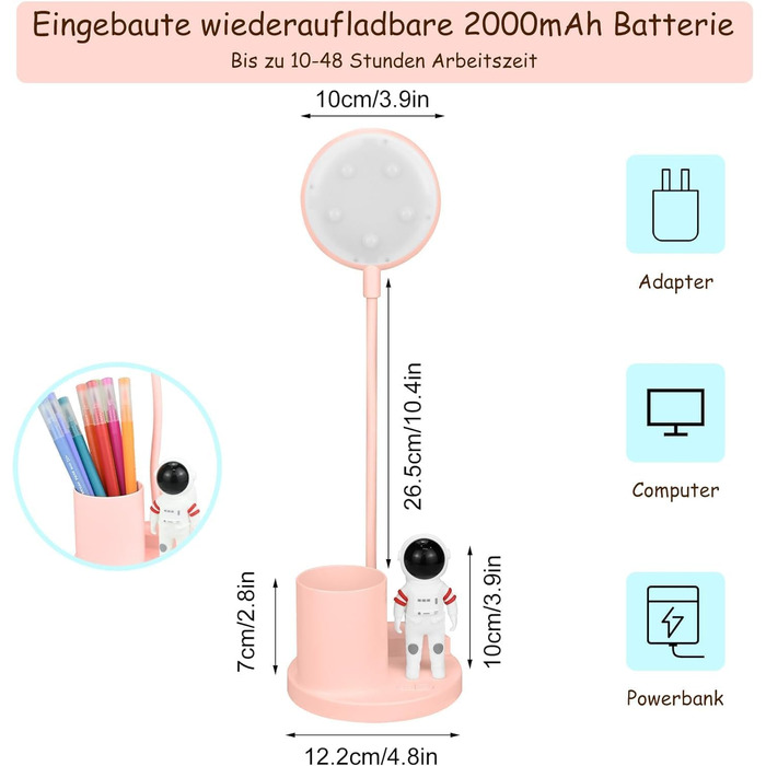 Тримач для ручки 2-в-1 і дитяча настільна лампа, настільна лампа Beamer, світлодіодна навчальна лампа з регулюванням яскравості та проекцією, захист очей 3700K Акумуляторна гнучка гусяча шия на 360 для хлопчиків і дівчаток (рожева)
