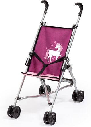 Коляска для ляльок, складна, подвійні колеса, ремені безпеки, з металу, рожева, рожева, єдиноріг, 30537AA