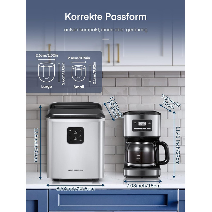 Машина для льоду з нержавіючої сталі з 2 розмірами кубиків льоду, 14 кг 24 шт. , самоочищення, 9 кубиків льоду за 6 хвилин, LED-дисплей, резервуар для води 2 л, льодогенератор із черпаком для льоду та кошиком, льодогенератор NORTHCLAN