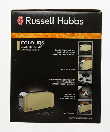 Тостер Russell Hobbs довгий слот для 2 скибочок / 1 широка скибочка хліба Кольори Крем з нержавіючої сталі (надзвичайно широкі отвори для тостів, включаючи насадку для булочки, 6 рівнів підрум'янювання функція розморожування, 1000 Вт)21395-56