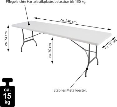 Розкладний стіл Nexos Trading XXL, кемпінговий стіл, 240 x 70 см, для кейтерингу, складаний, білий, стіл для вечірок, ручки для перенесення, обідній стіл, фуршетний стіл, всепогодний, до 150 кг, стійкий, приблизно 15 кг, до 10 осіб