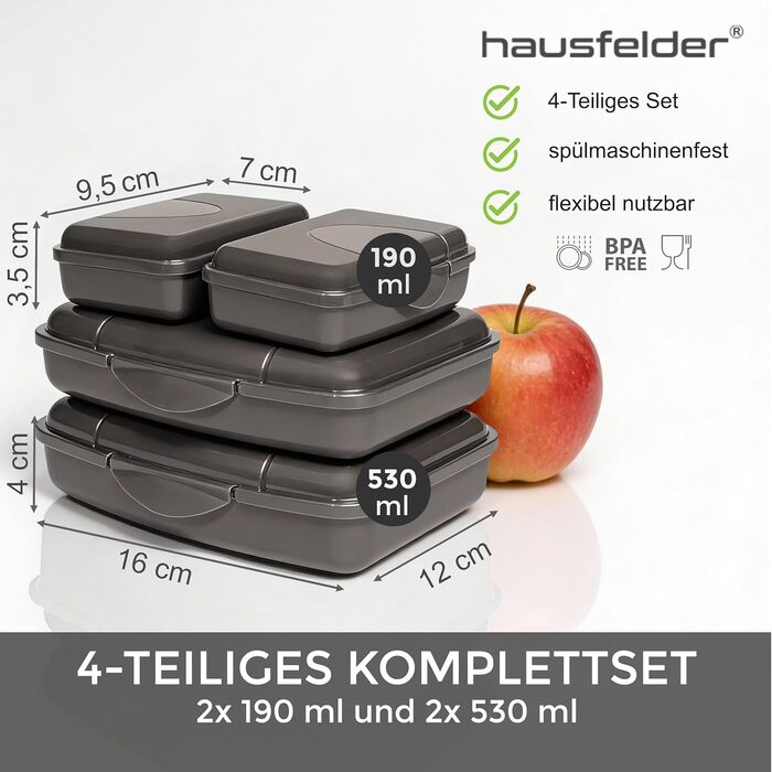Набір контейнерів для їжі Hausfelder для дорослих 4 шт., антрацит. Включає 2 великі (16x12x4 см) та 2 маленькі (9,5x7x3,5 см) контейнери, що складаються один в один, придатні для миття в посудомийній машині. Ідеально підходять для школи, офісу та подороже