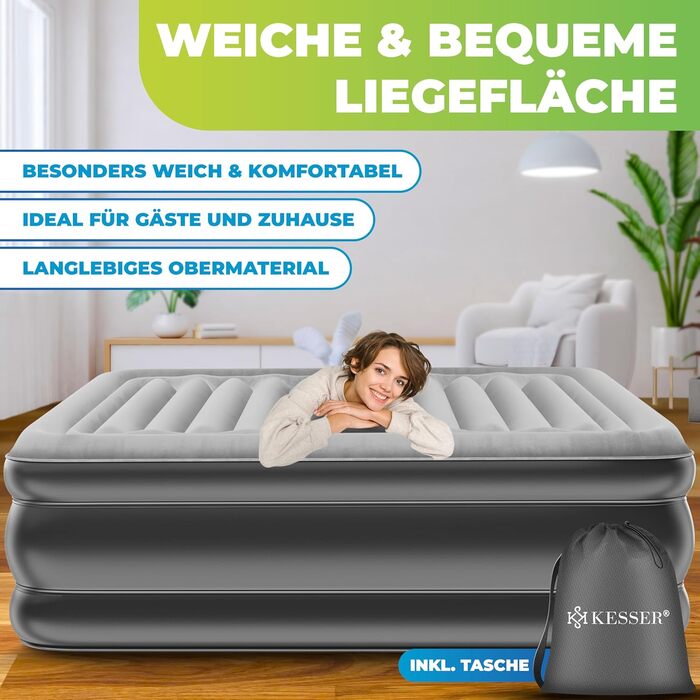 Надувний матрац KESSER, самонадувальне гостьове ліжко з вбудованим електричним насосом, повітряний матрац для кемпінгу або домашнього використання, з сумкою, підходить для 1 особи - 203 x 95 x 51 см, одномісний, сірий/антрацитовий