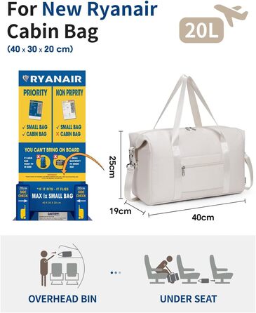 Ручна поклажа Narwey Ryanair 40x30x20, Маленька спортивна сумка для подорожей, Ручна поклажа, Сумка для літака для жінок, Дорожня сумка Weekender Men 20L (Бежева) Бежева 40 x 25 x 19 см