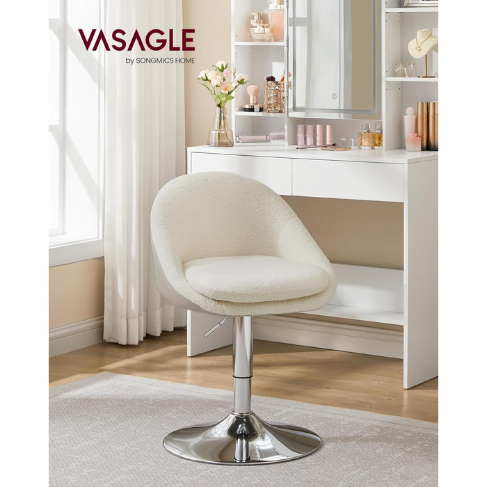 Регульований стілець VASAGLE, крісло для туалетного столика, офісне крісло, обертовий барний стілець зі спинкою та основою, сталь, для стійки, офісу, туалетного столика, їдальні, кремово-білий LJB100W01 кремово-білий фліс